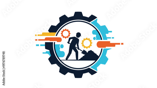 Industrial logo or emblem featuring a silhouette of a manual worker with a shovel inside a large mechanical gear wheel.