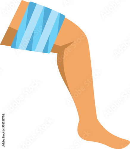 Human leg showing a blue bandage wrapped around the knee joint