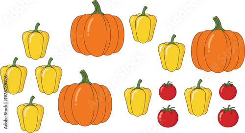 Pumpkin Bell Pepper and Tomato Vegetable Vector Set with Fresh Organic Food Collection Autumn Harvest Flat Illustration Design