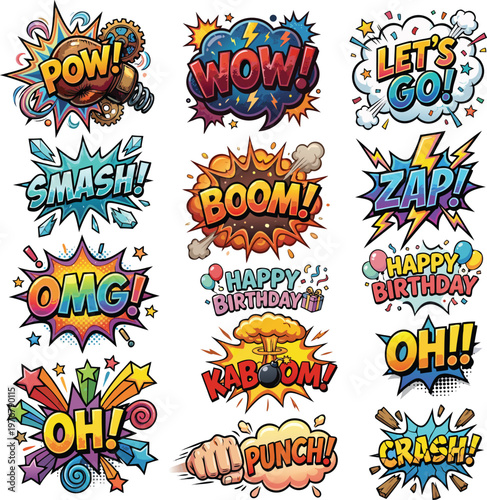 A set of cartoon vector illustrations featuring pop art comic book explosions with boom and wow text signs for a creative business poster or sale price label design