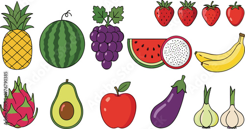 Fresh Fruits and Vegetables Vector Set with Pineapple Watermelon Grapes Banana Avocado Eggplant Garlic Collection Healthy Food Illustration Design