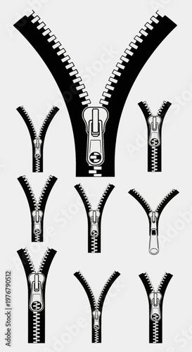 Set of black and white zipper vector icons in various sizes, open and closed positions, featuring detailed metal teeth, sliders, and puller tabs on a plain white background.