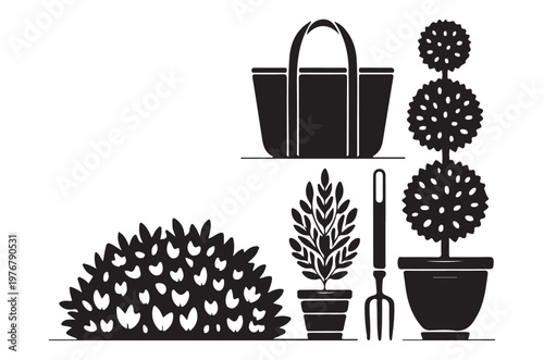 Black and white illustration of gardening tools and decorative plants