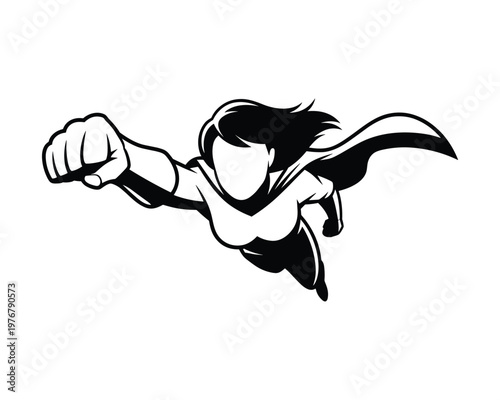 Dynamic black and white illustration of a female superhero flying forward with one fist extended powerfully