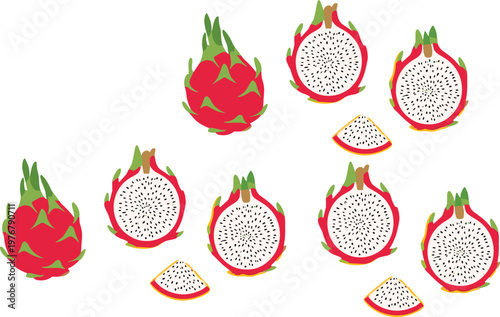 Dragon Fruit Vector Set with Whole and Sliced Pitaya Tropical Fruit Collection Fresh Exotic Food Flat Illustration Design