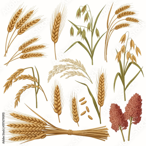 Detailed botanical illustration of various cereal grain stalks including wheat ears, oat panicles, barley spikes, rice, rye, and sorghum clusters isolated on a white background.