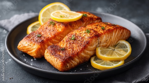 Delicious grilled salmon with lemon slices on a dark plate