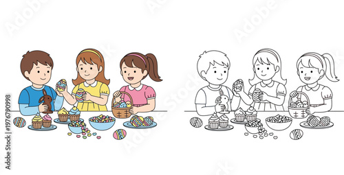 Easter Holiday Celebration with Children Decorating Eggs and Sweets, Coloring Page and Color Illustration Set of Kids with Chocolate Bunny and Cupcakes on Table Vector