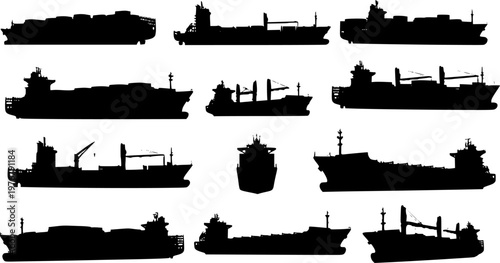 Collection of detailed black container ship silhouettes from multiple perspectives, representing global trade and, isolated on white background
