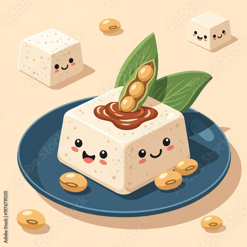 Cute cartoon tofu character with a smiling face served on a blue plate, topped with brown sauce and an edamame pod, featuring floating tofu cubes and scattered small soybeans