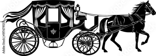Black silhouette of a vintage horse-drawn carriage with curtains on a isolated on white background
