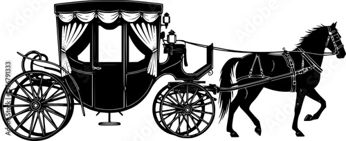 Black silhouette of a vintage horse-drawn carriage with curtains on a isolated on white background
