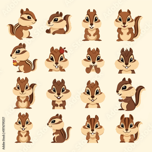 Vector collection of sixteen cute chipmunk cartoon characters in various poses and expressions, including standing, sitting, and headshots, isolated on a light cream background.