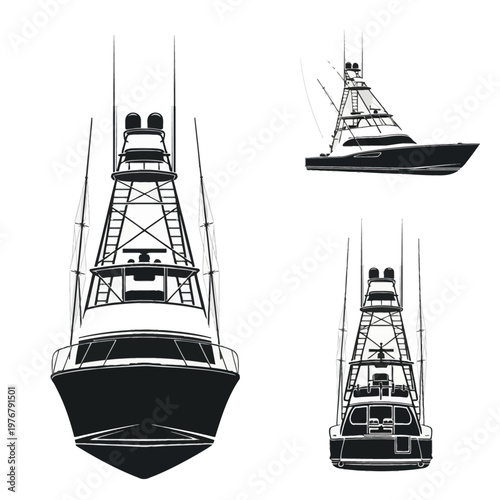 Black and white vector silhouettes of a sport fishing boat shown from front, side, and rear angles, featuring a tuna tower, outriggers, and flybridge on a plain white background.