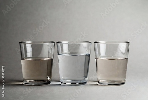 Three glasses of water with varying levels of sediment are arranged on a gray background.