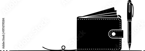 Minimalist black wallet with pen silhouette flat design isolated on white background
