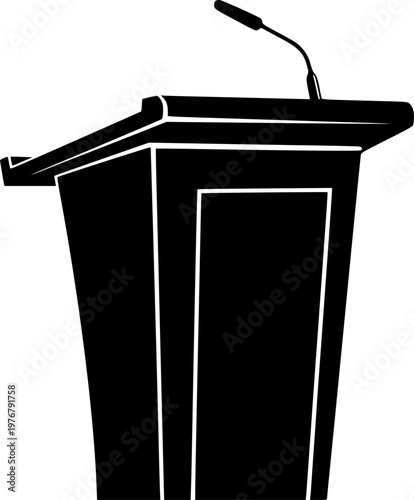 Minimalist black silhouette of a podium with microphone on a isolated on white background
