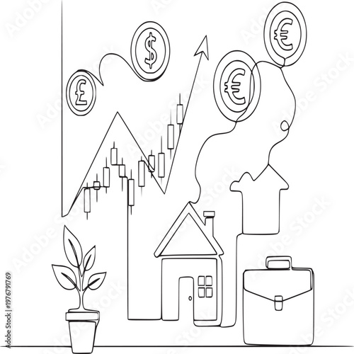 Hand-drawn line art illustration of home investment growth with money and property icons