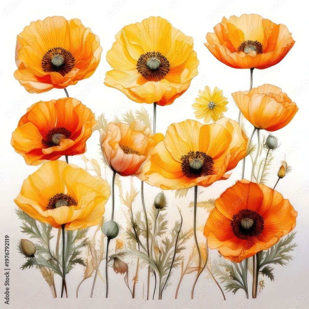 Fototapeta premium Watercolor painting of orange and yellow poppies
