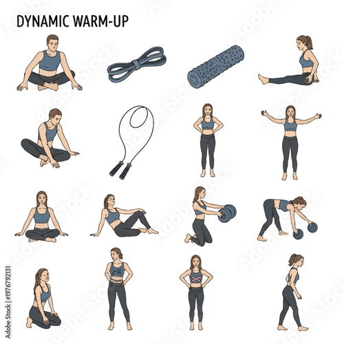 Vector illustration set showing various dynamic warm-up exercises for athletes, featuring people stretching, using foam rollers, jump ropes, resistance bands, and weight plates.