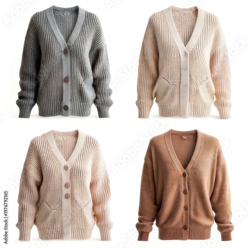 Four various colored knit cardigans on white background
