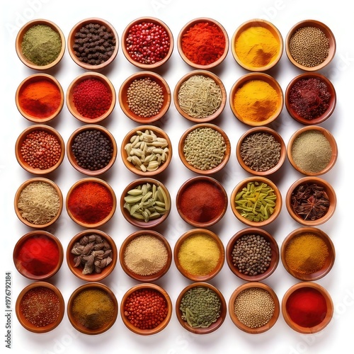 Array of colorful spices in small, round bowls