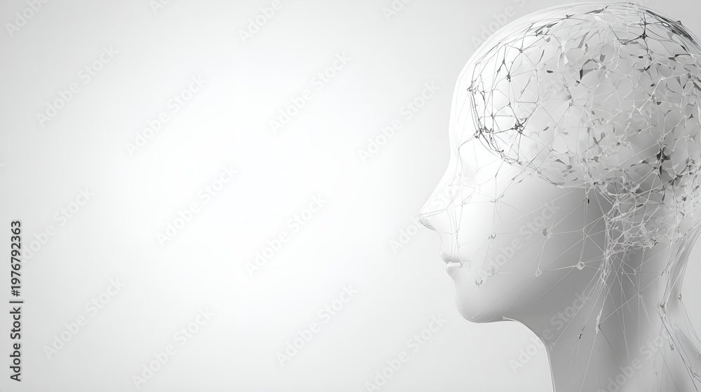 Obraz premium Minimalist clinical profile showing seamless brain-computer interface integration with copy space
