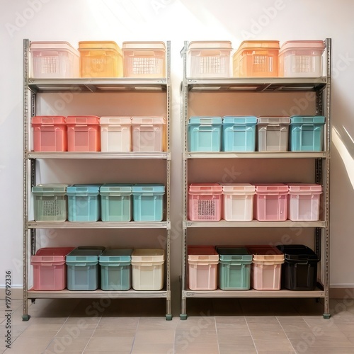 Two shelving units filled with colorful storage boxes