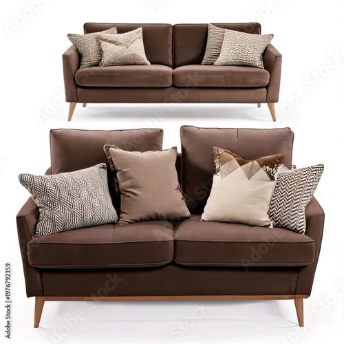 Brown couches with throw pillows on white background