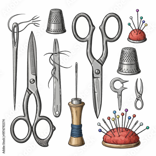 Set of vintage sewing and tailoring tools featuring steel scissors, fabric shears, red pincushions with multi-colored pins, metal thimbles, wooden thread spool, and hand needles.