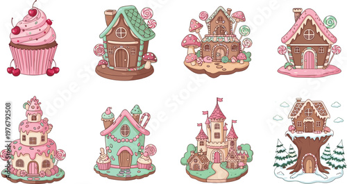 Set of Whimsical Candy Houses and Cupcakes in Sweet, Pastel Color Scheme Vector Illustrations for Fantasy Art, Desserts, and Digital Designs