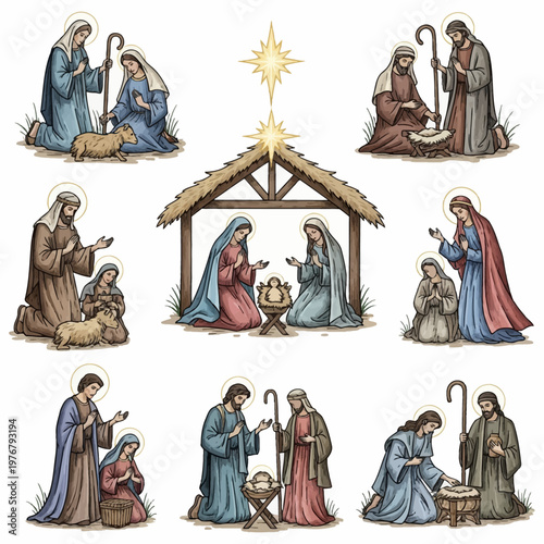 Collection of traditional nativity scene sketch illustrations featuring Mary, Joseph, and baby Jesus in a manger, with shepherds, sheep, and the Bethlehem star on a white background.