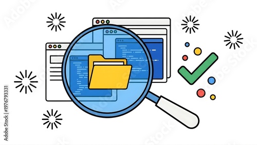 Flat lay illustration of a magnifying glass over a computer screen and files with a green checkmark and colorful bubbles on a white background, conveying a sense of organization and
