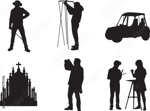 Collection of diverse silhouette icons representing travel culture and everyday activities