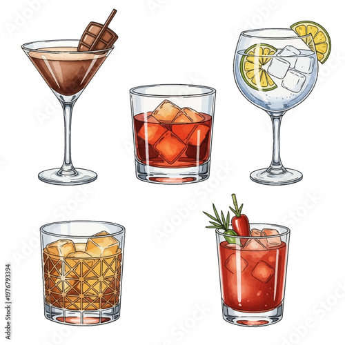 Watercolor illustration set of five cocktails isolated on white: espresso martini with chocolate, gin tonic with lime, negroni, whiskey on rocks, and bloody mary with chili garnish