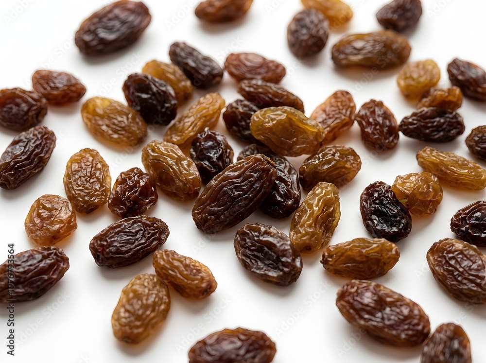 Fototapeta premium A close-up view of raisins scattered on a white surface.