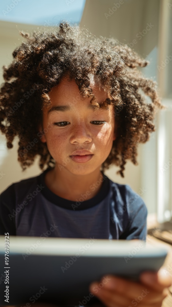 Fototapeta premium Young Boy Using Tablet, Staring Directly at Camera with Curly Hair and Afro Style.
