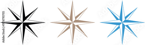 Compass wind rose icon set, vibrant directional star icons for navigation travel maps maritime routes and exploration themed graphic design.