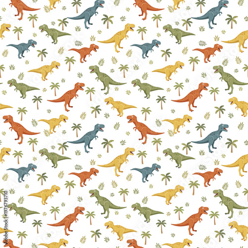Retro Vintage Flat Colors Vector Style T-Rex Dinosaurs Seamless Pattern