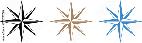 Compass wind rose icon set, modern multi color compass star icons showing navigation direction travel routes and nautical exploration graphics.