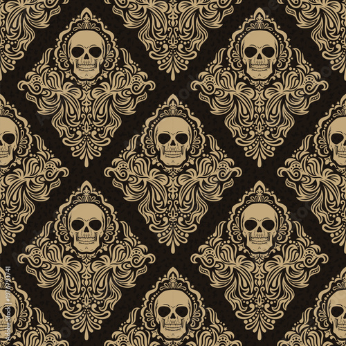 Gothic Baroque Style Vintage Skull Damask Seamless Pattern