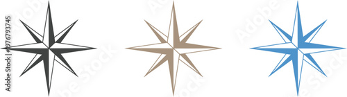 Compass wind rose icon set, bright star compass symbols for navigation mapping travel direction and maritime exploration design use.