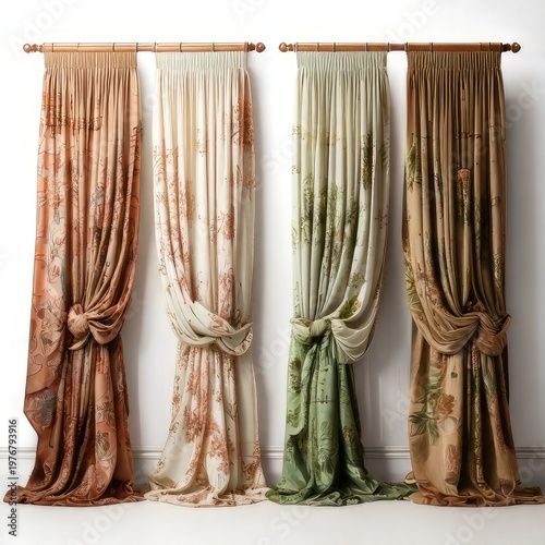 Four patterned drapes on rods, tied up