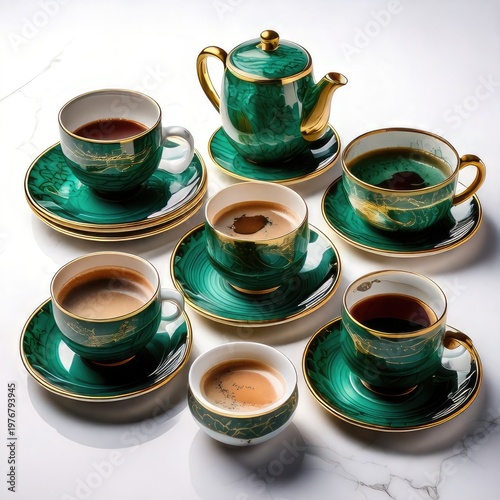 Elegant tea set on marble; emerald, gold, various coffees