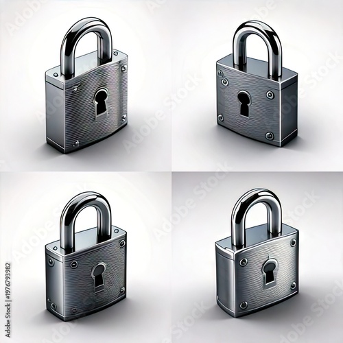 Four shiny, metallic padlocks on a white surface (1)