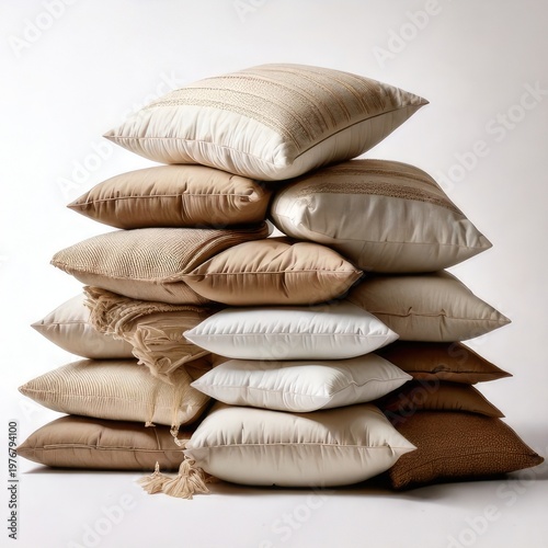 Stack of varied textured square pillows on white