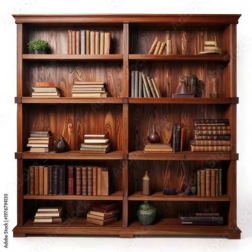 Large wooden bookcase filled with books & decor