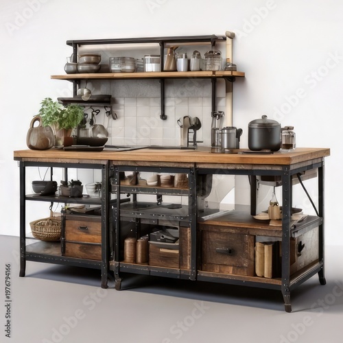 Industrial kitchen island with wood and metal elements