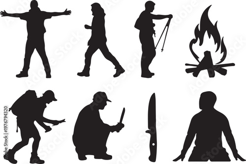 Collection of outdoor activity and camping silhouettes isolated on transparent background