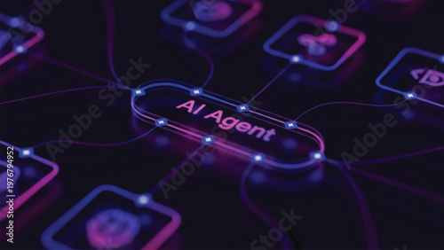 Artificial intelligence agent network diagram showing interconnected digital nodes and data processing flow in a futuristic cyber environment with glowing purple and blue interface elements.